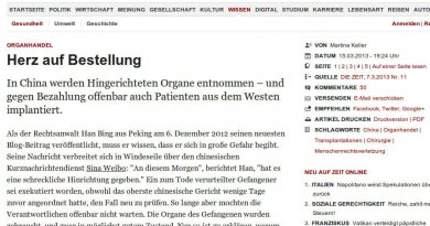 Немецкая газета Die Zeit опубликовала статью о преступлениях компартии Китая, которая санкционировала насильственное извлечение органов у последователей  Фалуньгун