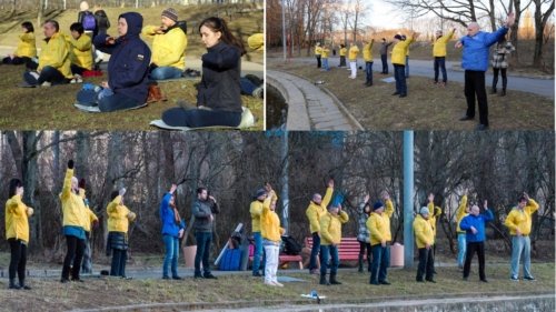Выполнение упражнений перед китайским посольством в Москве во время акции, посвящённой "25 апреля". 2017 г.