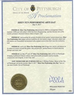 Мэр Питтсбурга Уильям Педуто объявил 9 мая 2017 года «Днём компании исполнительского искусства Shen Yun»