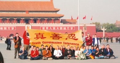 Западные последователи Фалуньгун на площади Тяньаньмэнь в Пекине выступают против репрессий