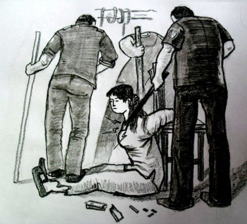 Иллюстрация пытки: удары током электрических дубинок