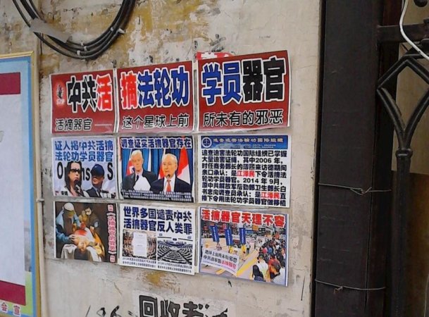 Плакат, рассказывающий о принудительном извлечении органов и об осуждении этого явления во всём мире. Город Шицзянчжуан провинции Хэбэй, 2017 г.