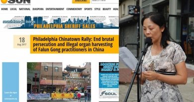 Скриншот с веб-сайта газеты (слева); выступление Го Цюн на митинге (справа). Фото: ru.minghui.org