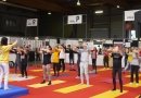 Желающие изучают движения упражнений во время демонстрации практикующими пяти комплексов упражнений Фалуньгун на Фестивале йоги в Париже 20 октября 2017 года