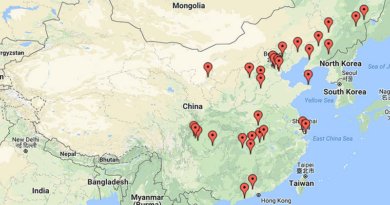 Карта КНР с отмеченными районами, где произошли аресты последователей Фалуньгун. Фото minghui.org