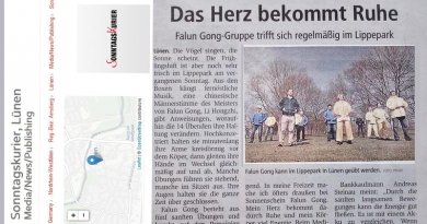 Немецкая газета «Воскресный курьер» (Sonntagskurier) сообщила 31 марта о медитации практикующих Фалуньгун в Липпепарке в Люнене