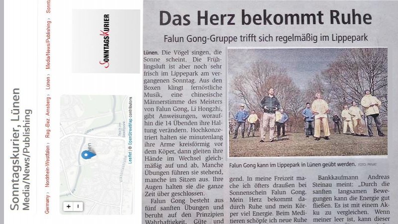 Немецкая газета «Воскресный курьер» (Sonntagskurier) сообщила 31 марта о медитации практикующих Фалуньгун в Липпепарке в Люнене