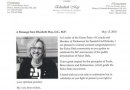 Поздравительное письмо члена парламента Элизабет Мэй, лидера Зелёной партии Канады