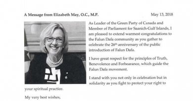 Поздравительное письмо члена парламента Элизабет Мэй, лидера Зелёной партии Канады