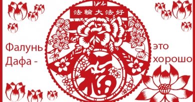 Изображение с использованием традиционных китайских новогодних открыток. В центре в круге — рисунок китайского практикующего Фалуньгун