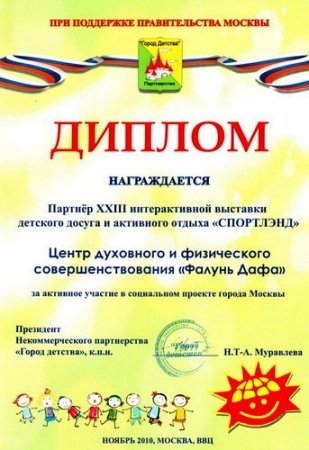 Диплом за активное участие в социальном проекте города Москвы «СПОРТЛЭНД». 7 ноября 2010 г.