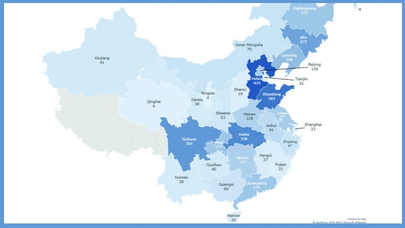 Количество центров «промывания мозгов» в китайских провинциях. Источник: Minghui.org