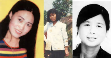 Убитые китайские последовательницы Фалуньгун: 32-летняя Ли Шухуа была задушена полицейскими (слева); полицейские сожгли Ван Цзюньхуа, которой было 30 лет (в центре); 32-летняя Су Цюнхуа была убита полицейскими, которые затем заявили, что она совершила самоубийство (справа)