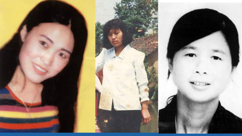 Убитые китайские последовательницы Фалуньгун: 32-летняя Ли Шухуа была задушена полицейскими (слева); полицейские сожгли Ван Цзюньхуа, которой было 30 лет (в центре); 32-летняя Су Цюнхуа была убита полицейскими, которые затем заявили, что она совершила самоубийство (справа)