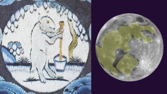 Слева – вышивка на императорском китайском одеянии: кролик, создающий эликсир бессмертия; справа – изображение кролика и ступы, очерченное на поверхности Луны (фото Wikipedia)