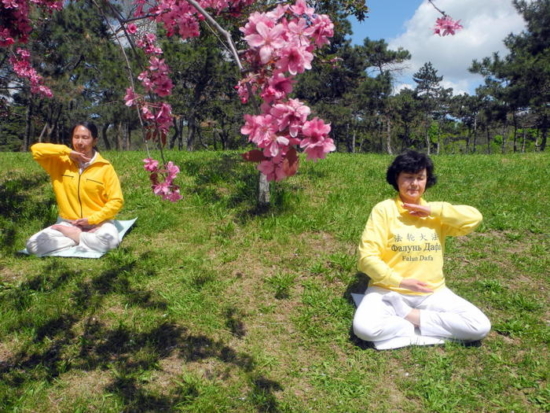 Выполнение медитации Фалуньгун под сенью цветущих деревьев. Крым, 13.05.2023 г.